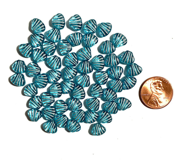 Twenty 8mm seashell, fan or clam beads - transparent aqua blue with silver accents - C0098