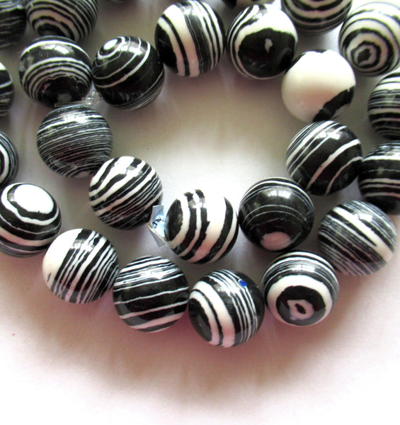 12mm Calsilica smooth round zebra beads - synthetic semiprecious gemstone beads - black & white druk beads - 10 beads