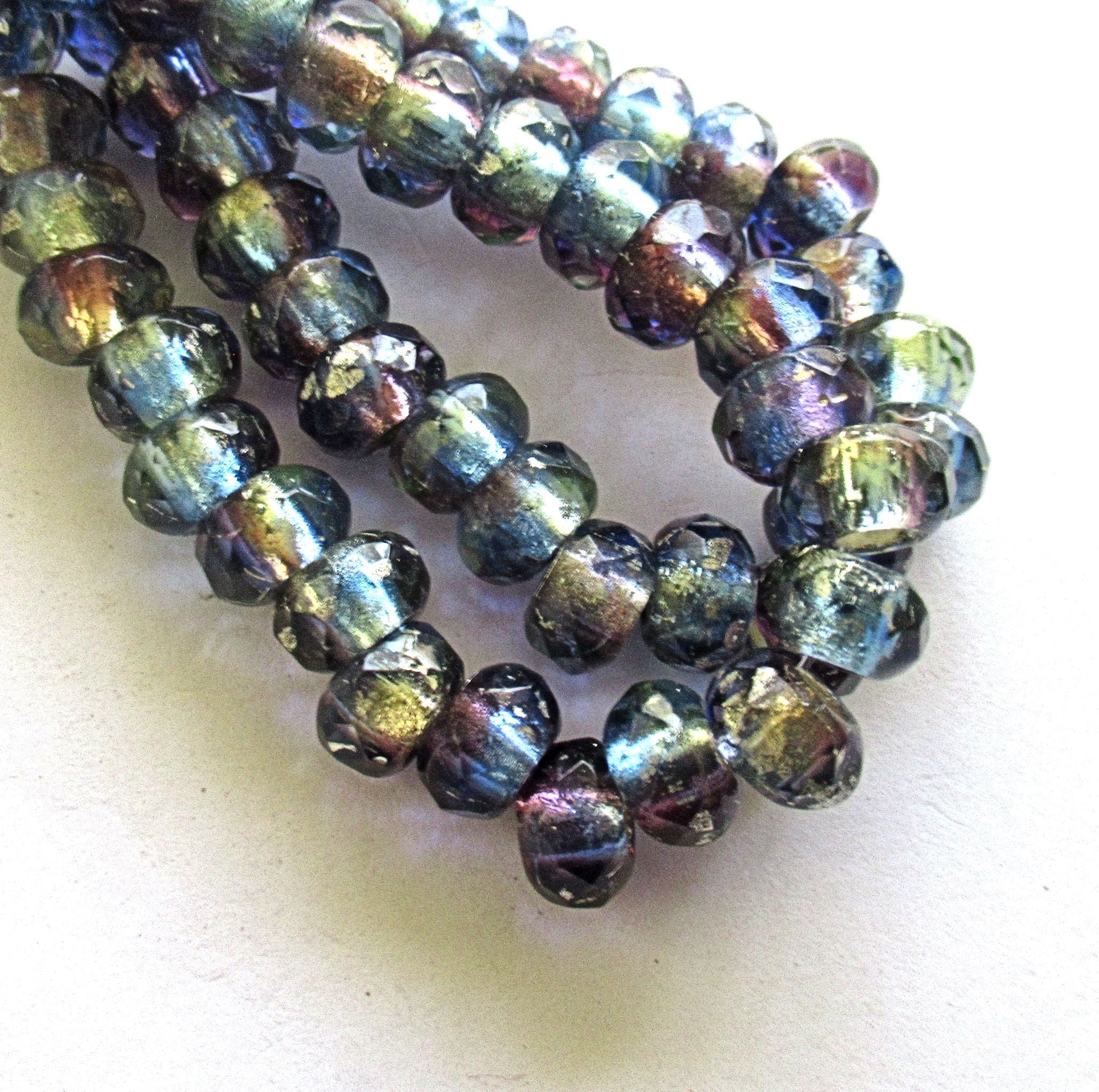 Ten Czech glass roller beads - 9 x 6mm purple blue color mix, silver lined, faceted roller, rondelle, big 3.5mm hole beads C00801
