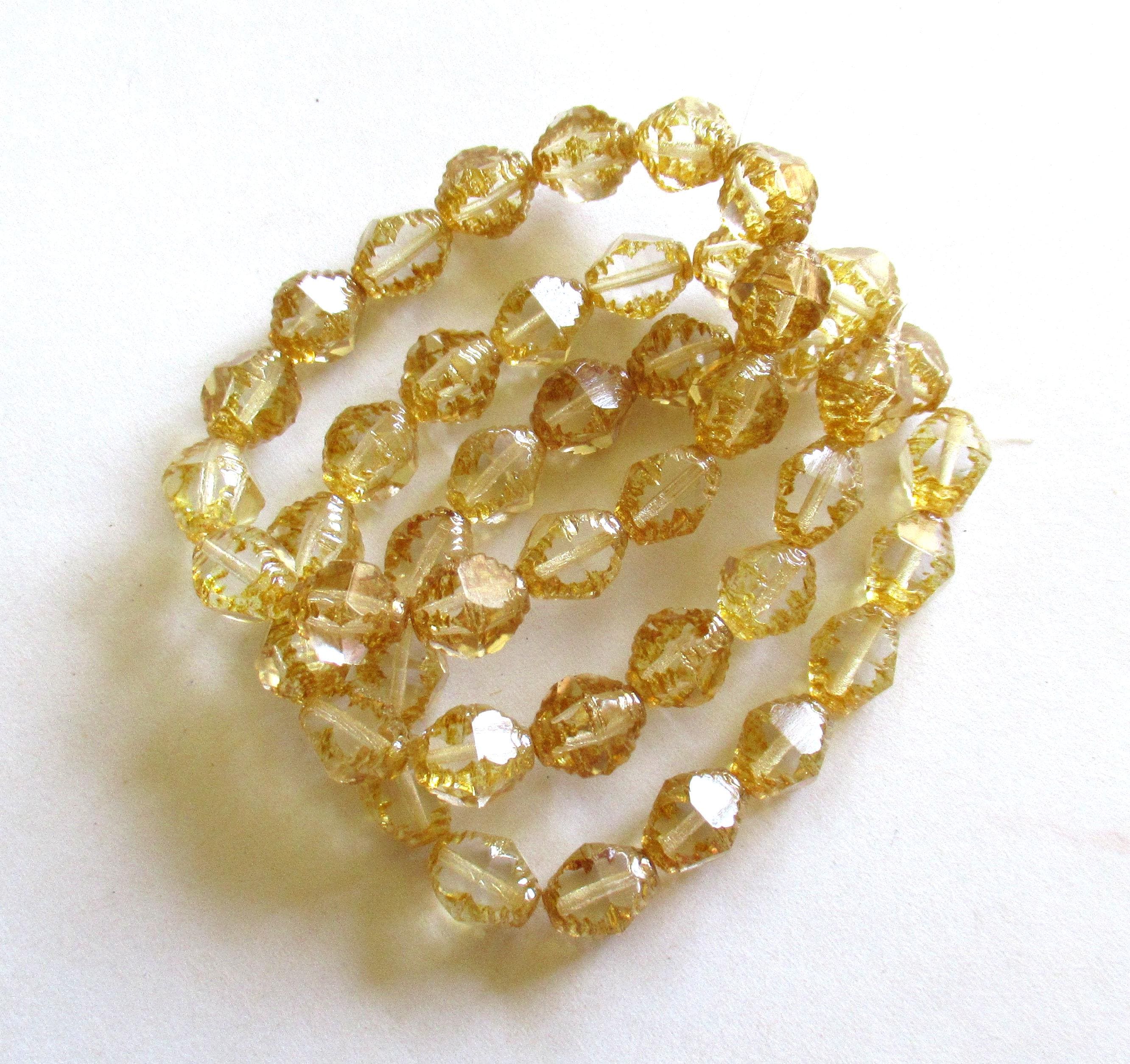 15 Czech glass bicone beads - 10mm - crystal clear with picasso accents - carved notched beads - C00053