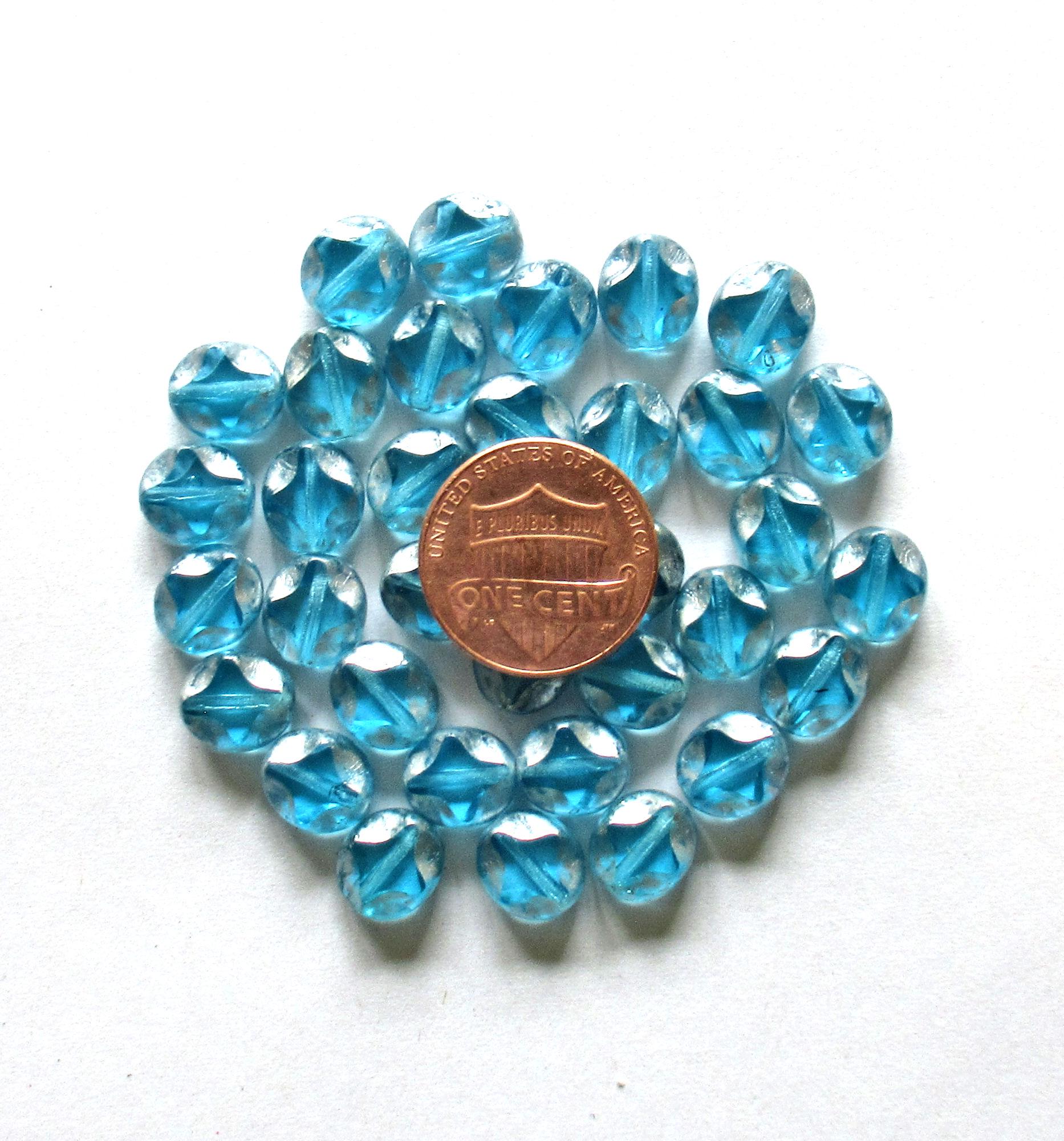 10 Czech glass oval beads - 9 x 8mm - aqua blue w/ silver picasso accents - carved table cut beads with a diamond pattern - C0121