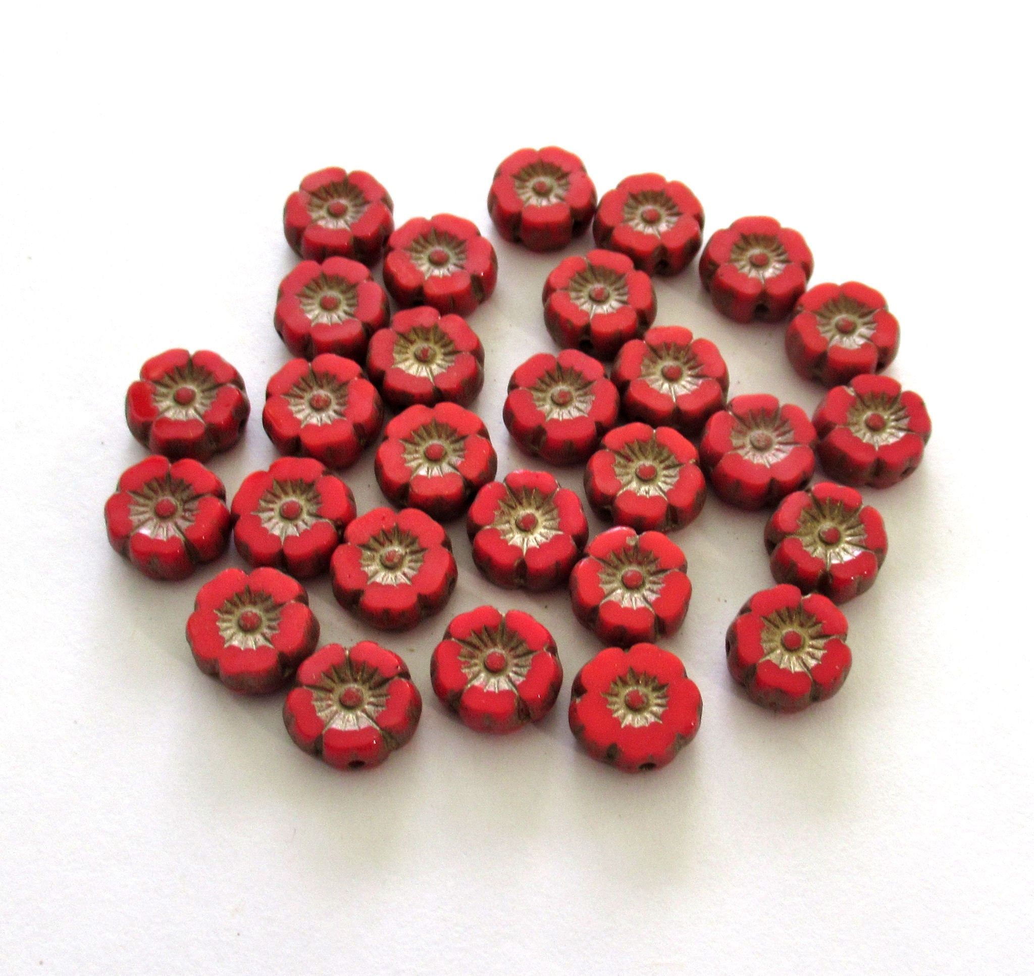 Lot of 15 8mm Czech glass flower beads - opaque red w/ gold accents - table cut carved Hawaiian flower beads C00311