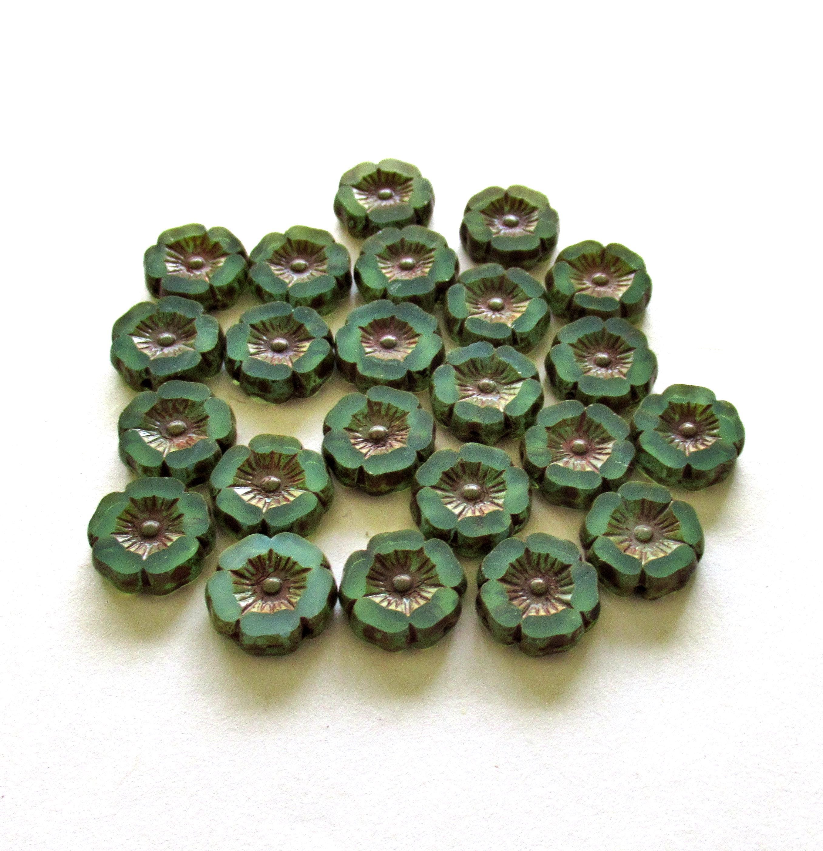 Czech glass flower beads - seafoam green opaline picasso - vaseline glass - table cut carved - 12mm -Hawaiian floral beads - 8 pcs - C00202