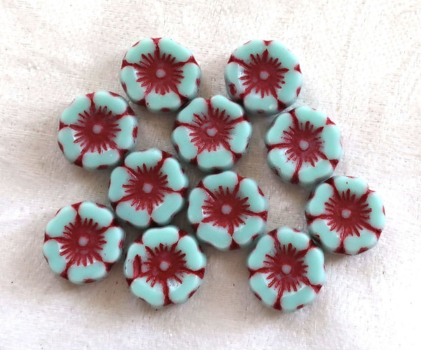 12 Czech glass flower beads - opaque sky blue with red accents - 12mm table cut carved - Hawaiian Hibiscus floral beads C00542