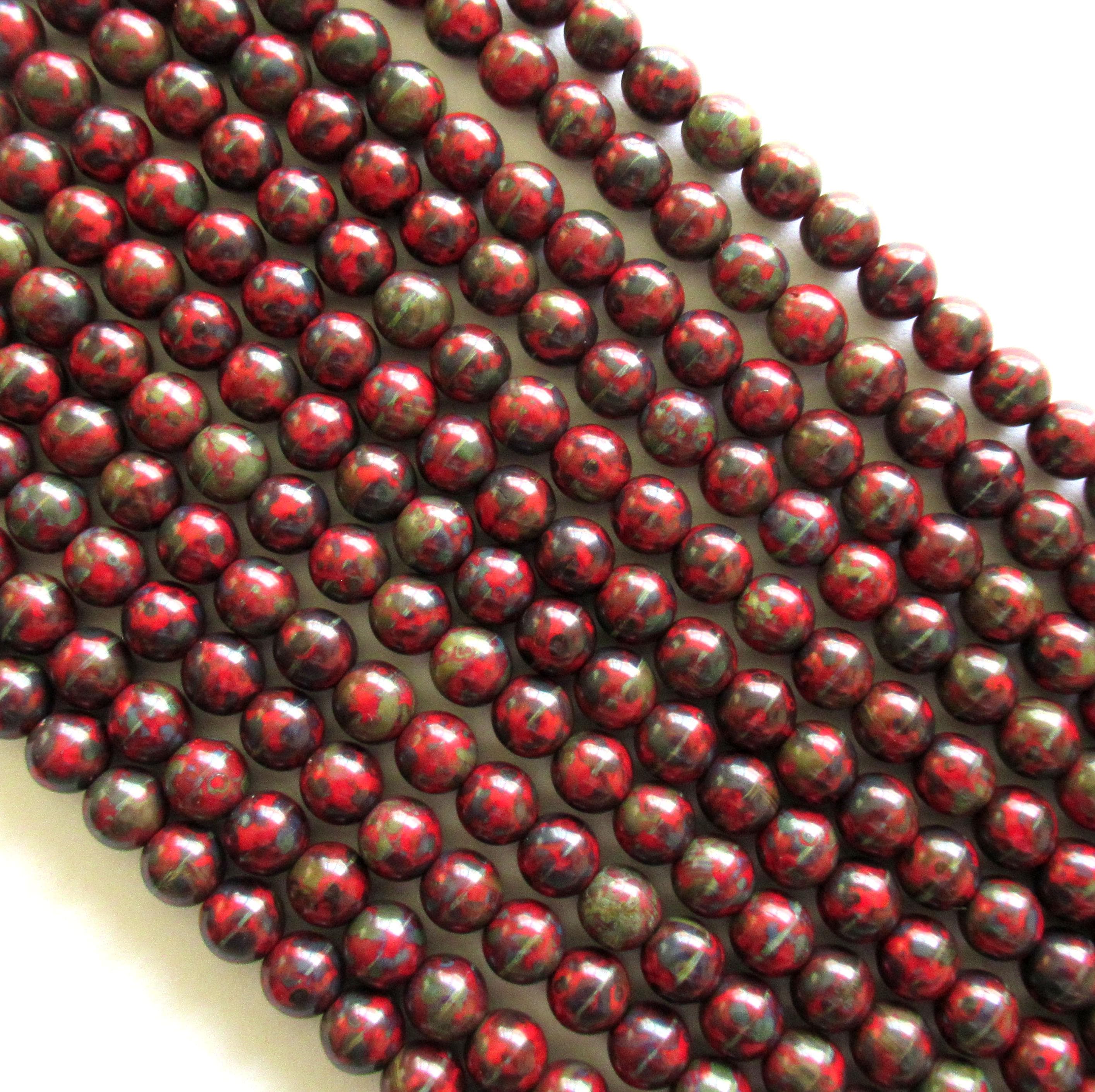50 6mm Czech glass druk beads - opaque dark red beads with a full picasso coat - earthy rustic smooth round druks - C0029