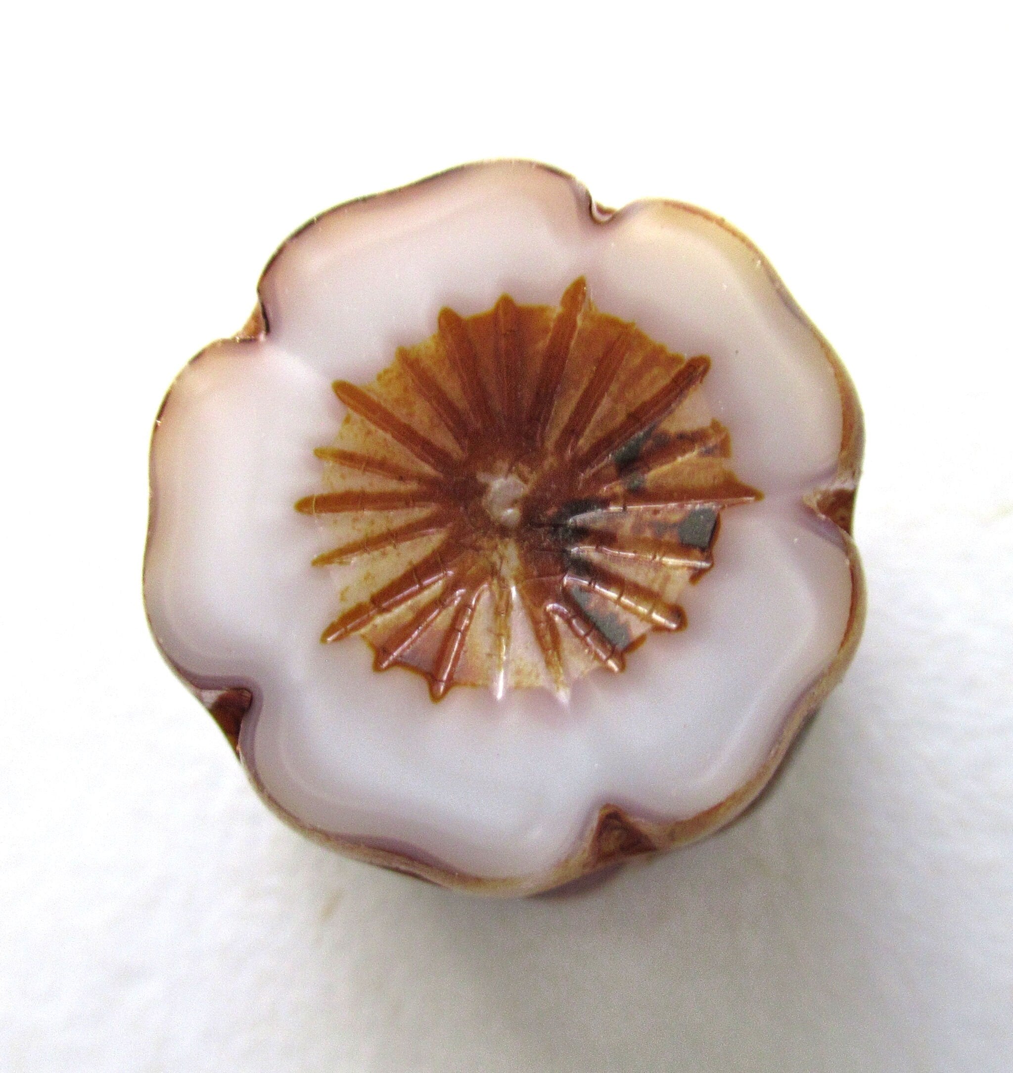 Five 16mm Czech glass flower beads - silky marbled white picasso table cut, carved, Hawaiian flower beads C00871