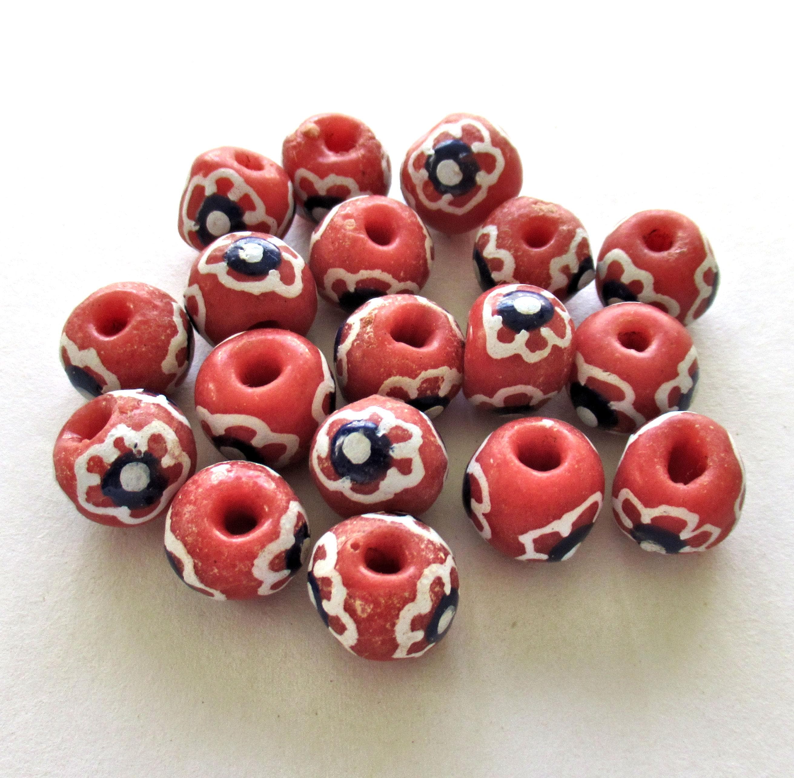 African Ghana Krobo glass donut or rondelle beads - red white & black flower beads - 12mm - big hole rustic beads - 8 beads - C00321