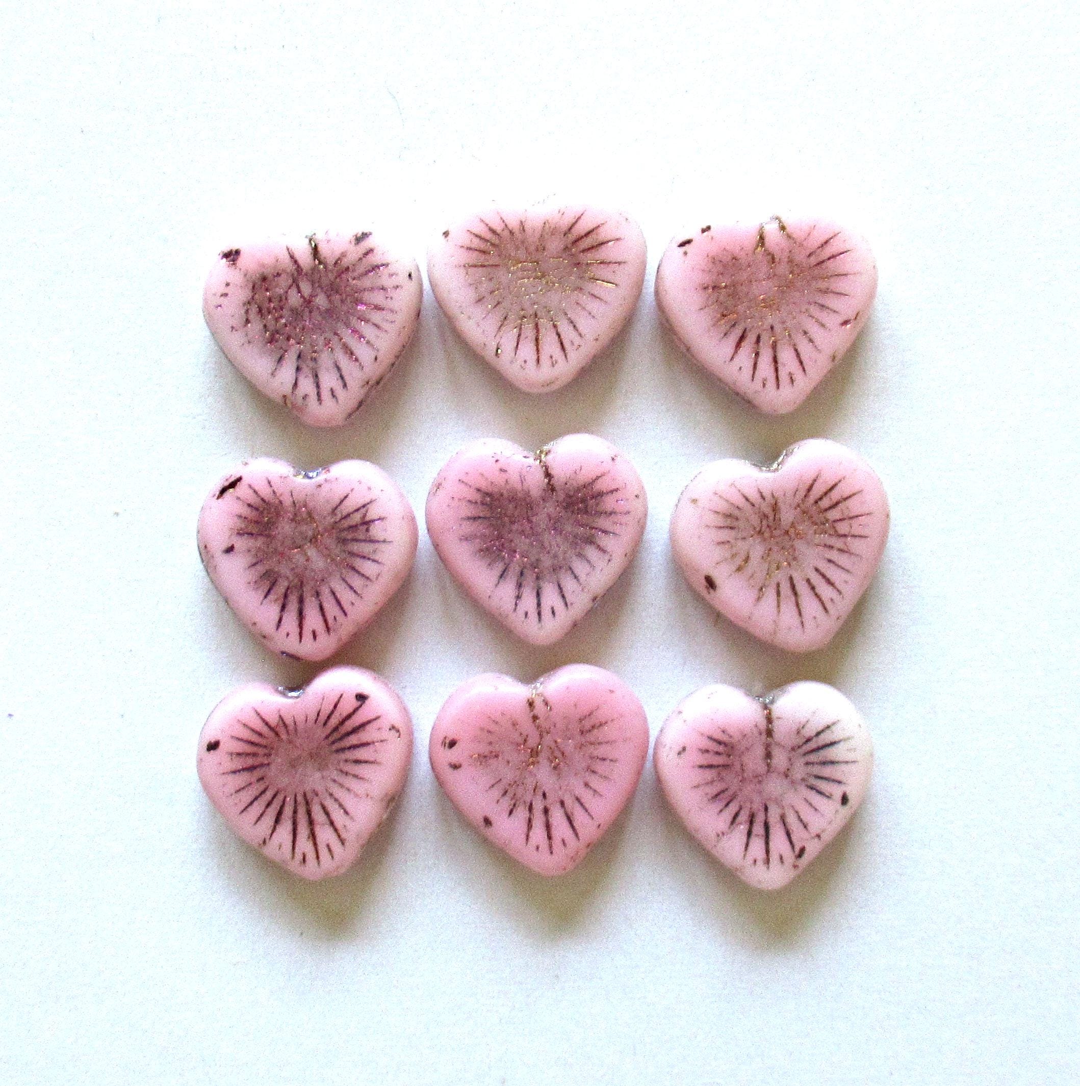 8 Czech glass flaming heart beads - 14mm - opaque baby pink w/ a copper & volcano wash - 00043
