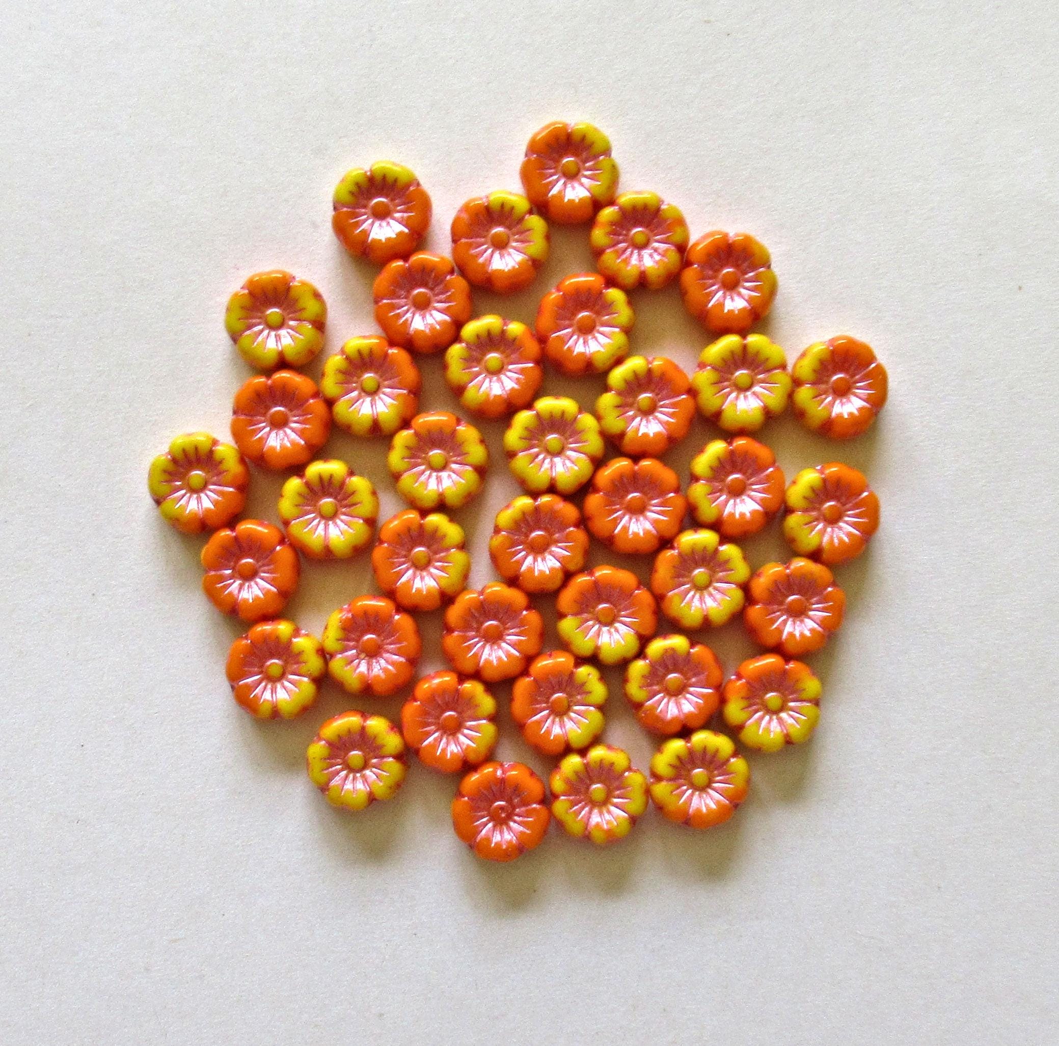 Lot of 15 8mm Czech glass flower beads - marbled opaque orange and yellow mix w/ pink centers - Hawaiian hibiscus flower beads C00701