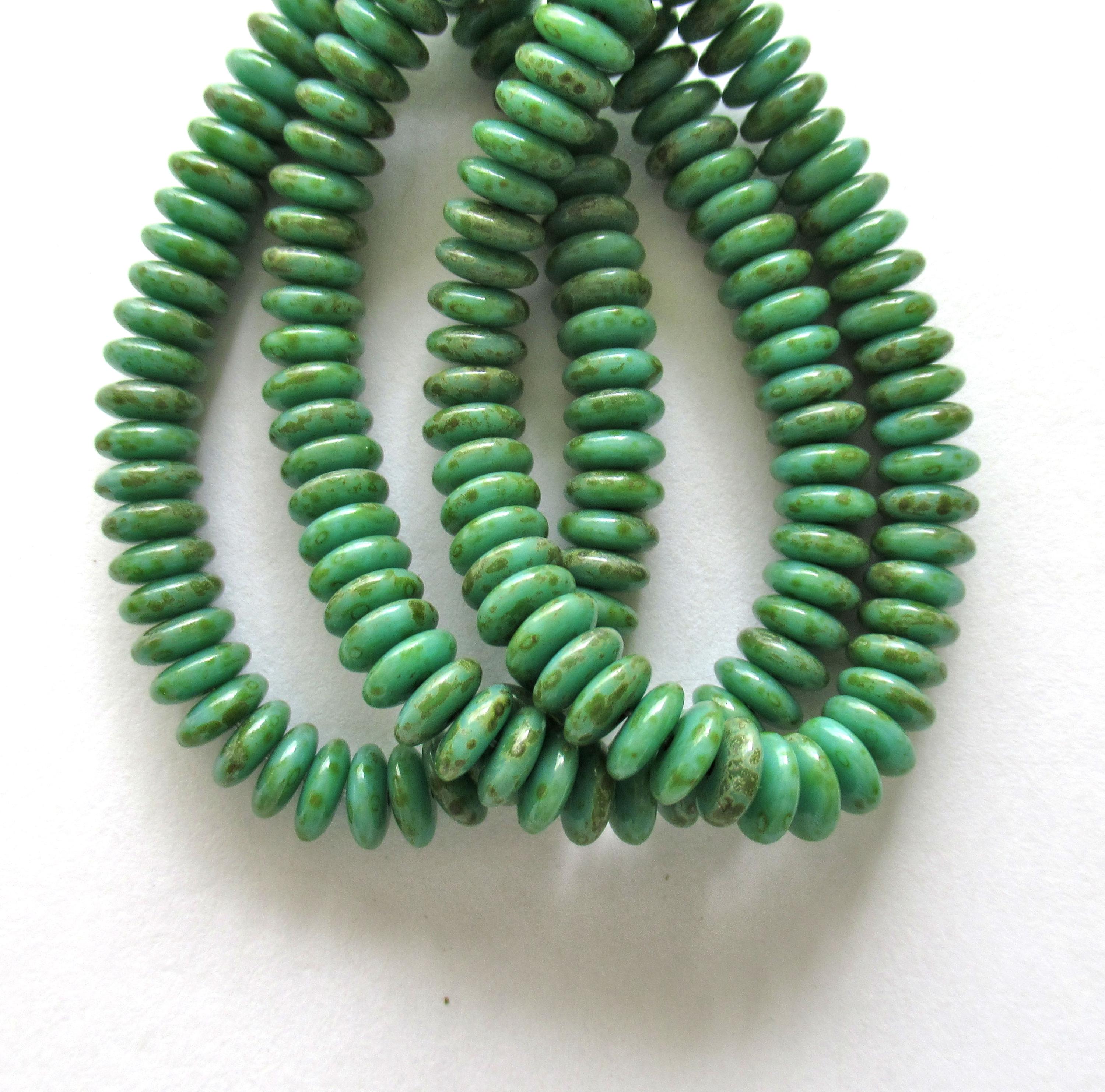 Fifty 6mm Czech glass rondelle spacer beads - turquoise green picasso - flat spacers or rondelles C00331