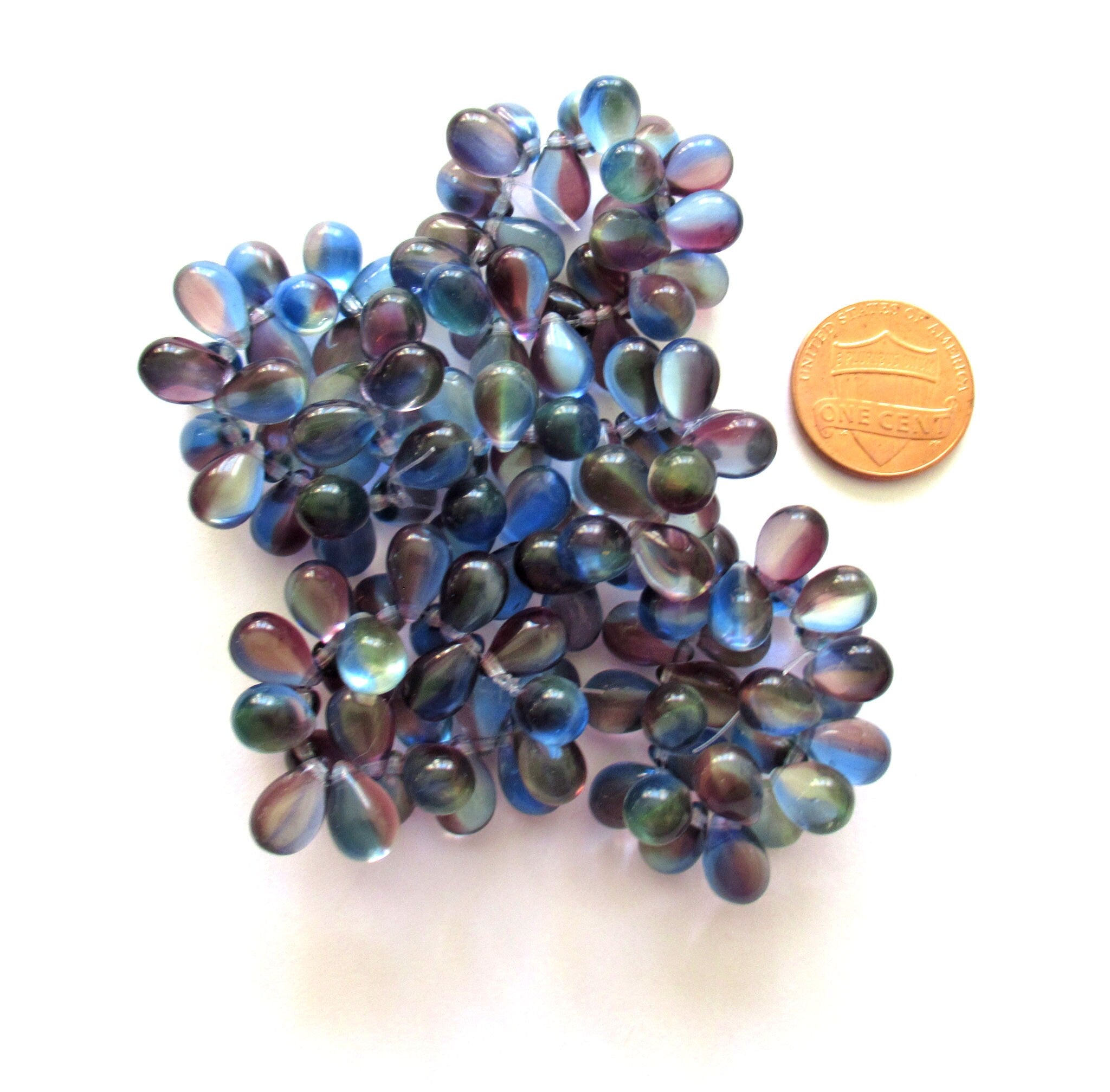 Lot of 25 Czech glass drop beads - transparent mix of blue & purple- smooth teardrop beads - 9 x 6mm C0036