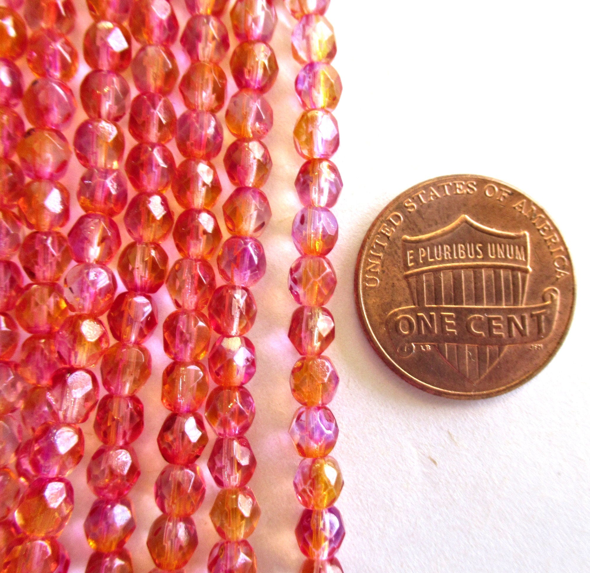 50 4mm Czech glass beads - fuchsia lemon dual coated pink & yellow / orange - faceted round fire polished beads 0038