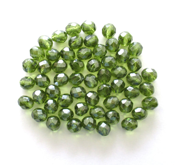 25 8mm Czech glass beads - olivine green iridescent shimmer faceted beads - C0037