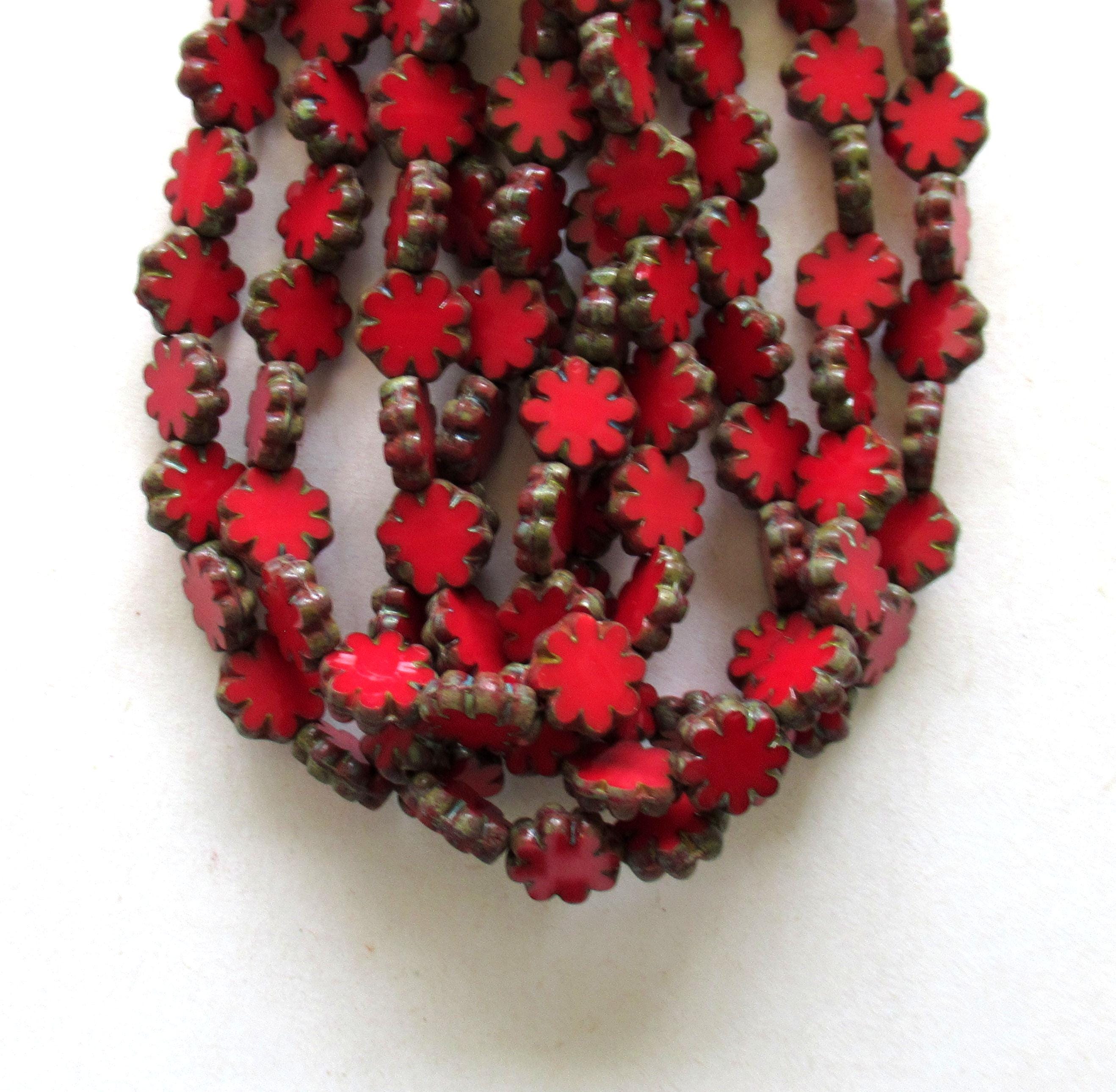 20 Czech glass flower beads - opaque red picasso beads - 9mm - table cut - cactus flower beads - C00832