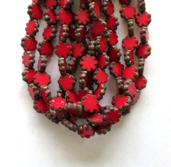 20 Czech glass flower beads - opaque red picasso beads - 9mm - table cut - cactus flower beads - C00832