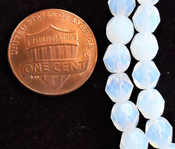 Lot of 25 6mm Milky White Czech glass beads, round firepoliched faceted white beads, C6401