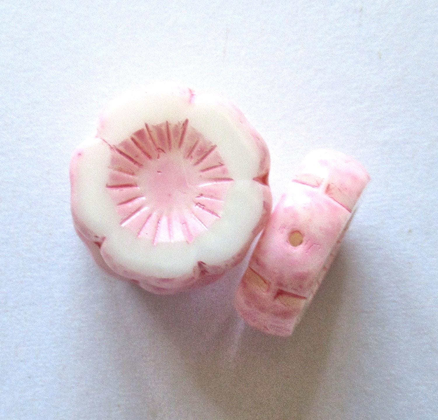 Five large Czech glass flower beads - 16mm - white with a pink wash - Vaseline glass - table cut & carved Hawaiian flower beads - C00522