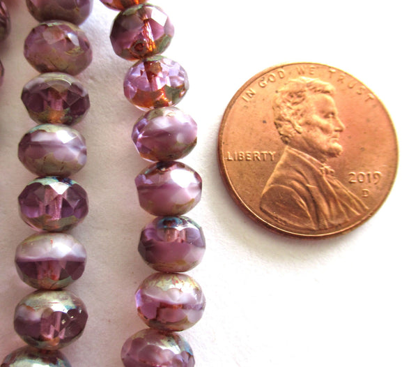 25 Czech glass faceted puffy rondelle beads - 5 x 7mm transparent & opaque purple lavender light amethyst mix picasso rondelles C00112