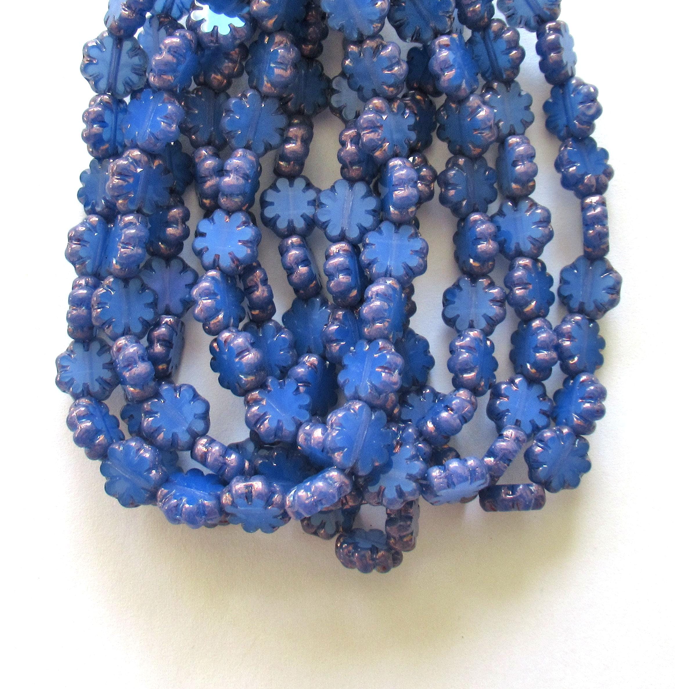 15 Czech glass flower beads - milky blue opal w/ bronze accents - 9mm - table cut cactus flowers - C00871