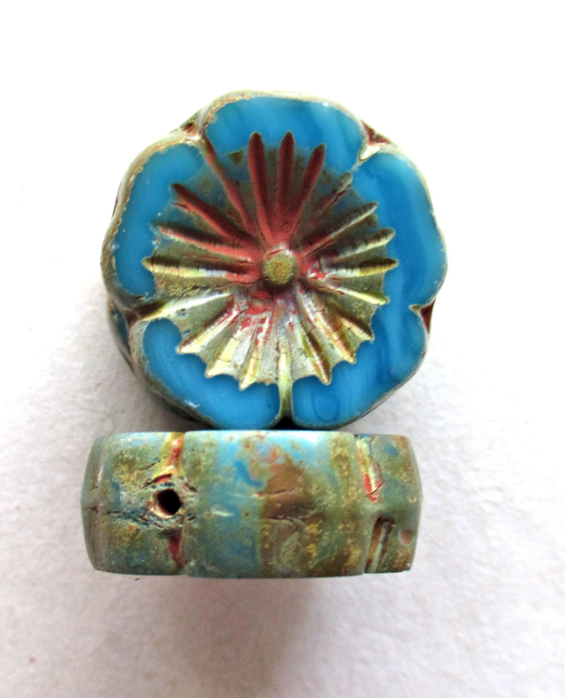 Six 14mm Czech glass flower beads - opaque bright blue Hawaiian hibiscus flower beads with a picasso finish- table cut carved beads - C00241