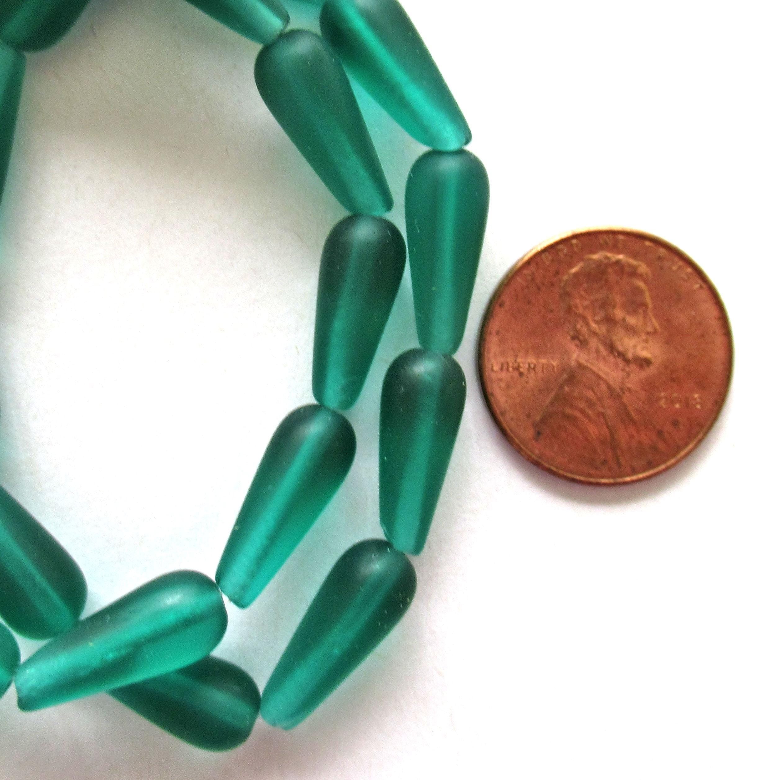 Lot of ten Czech glass teardrop beads - transparent matte teal blue green - 6 x 15mm elongated tear drops 00611