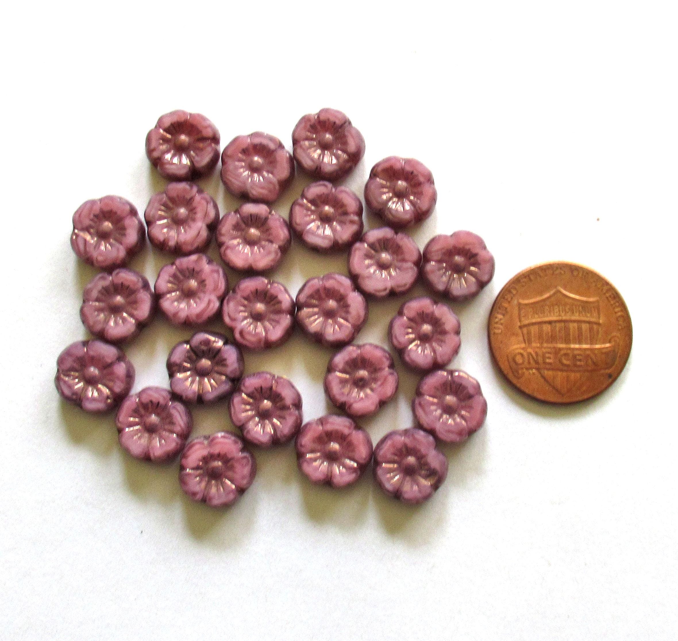 Ten 10mm Czech glass flower beads - opaque marbled pink silk w/ a bronze wash - Hawaiian hibiscus flowers - C00052