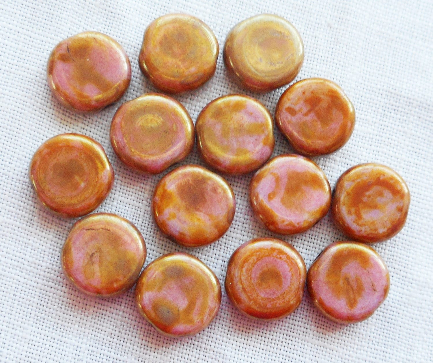 Lot of 25 8mm Czech glass flat round beads, opaque pink with a full picasso goldstone finish coin or disc beads 00141