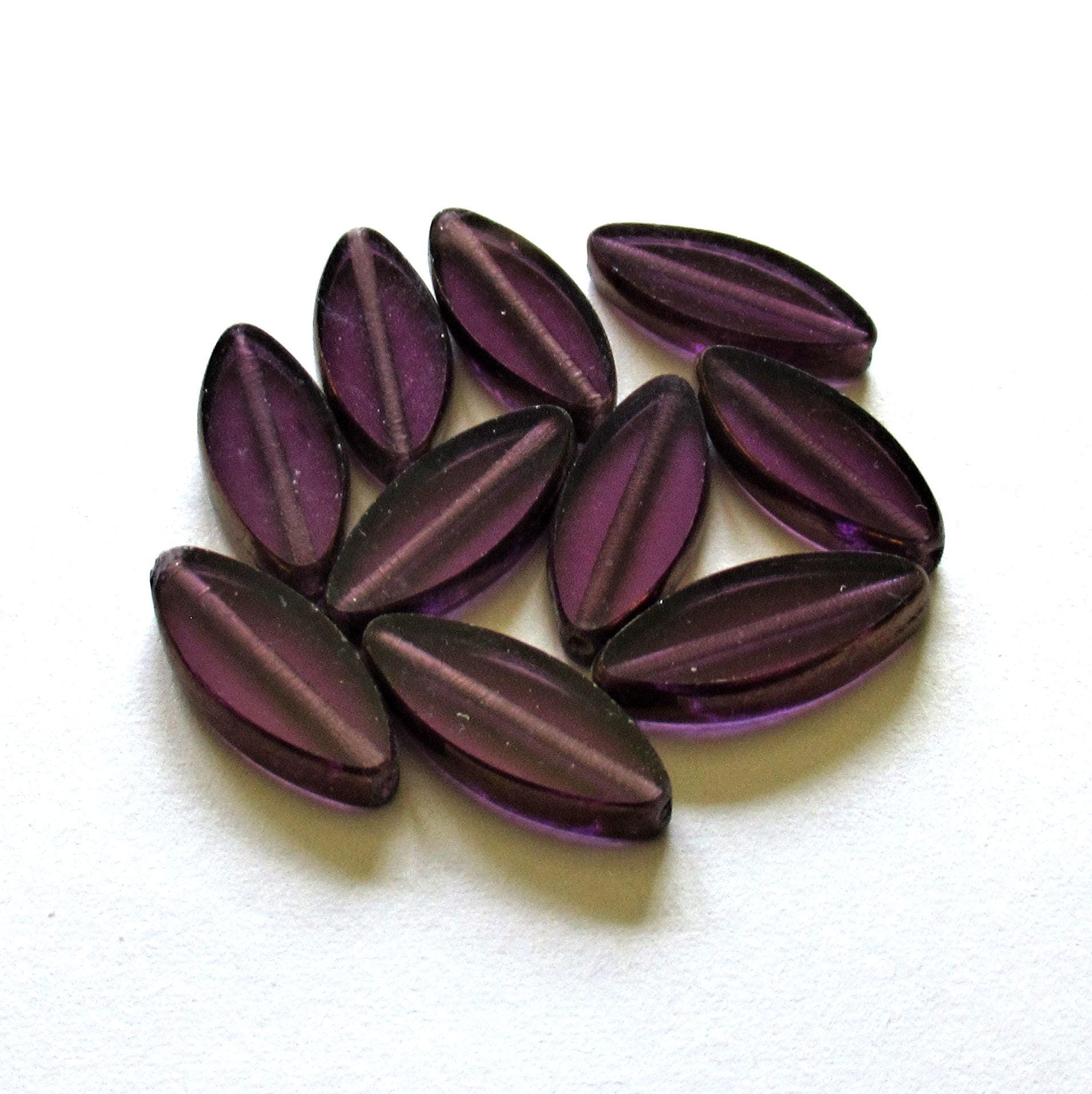 Ten Czech glass spindle beads - 18mm x 7mm - amethyst or purple with bronze accents - table cut beads C00072