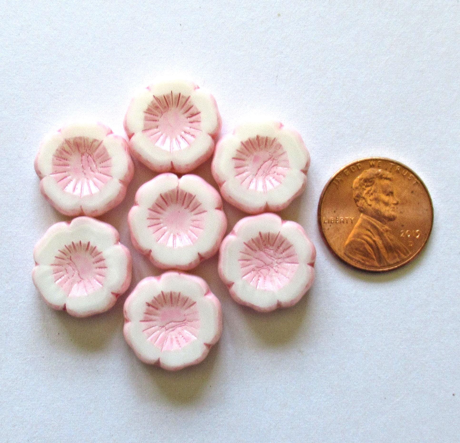 Five large Czech glass flower beads - 16mm - white with a pink wash - Vaseline glass - table cut & carved Hawaiian flower beads - C00522