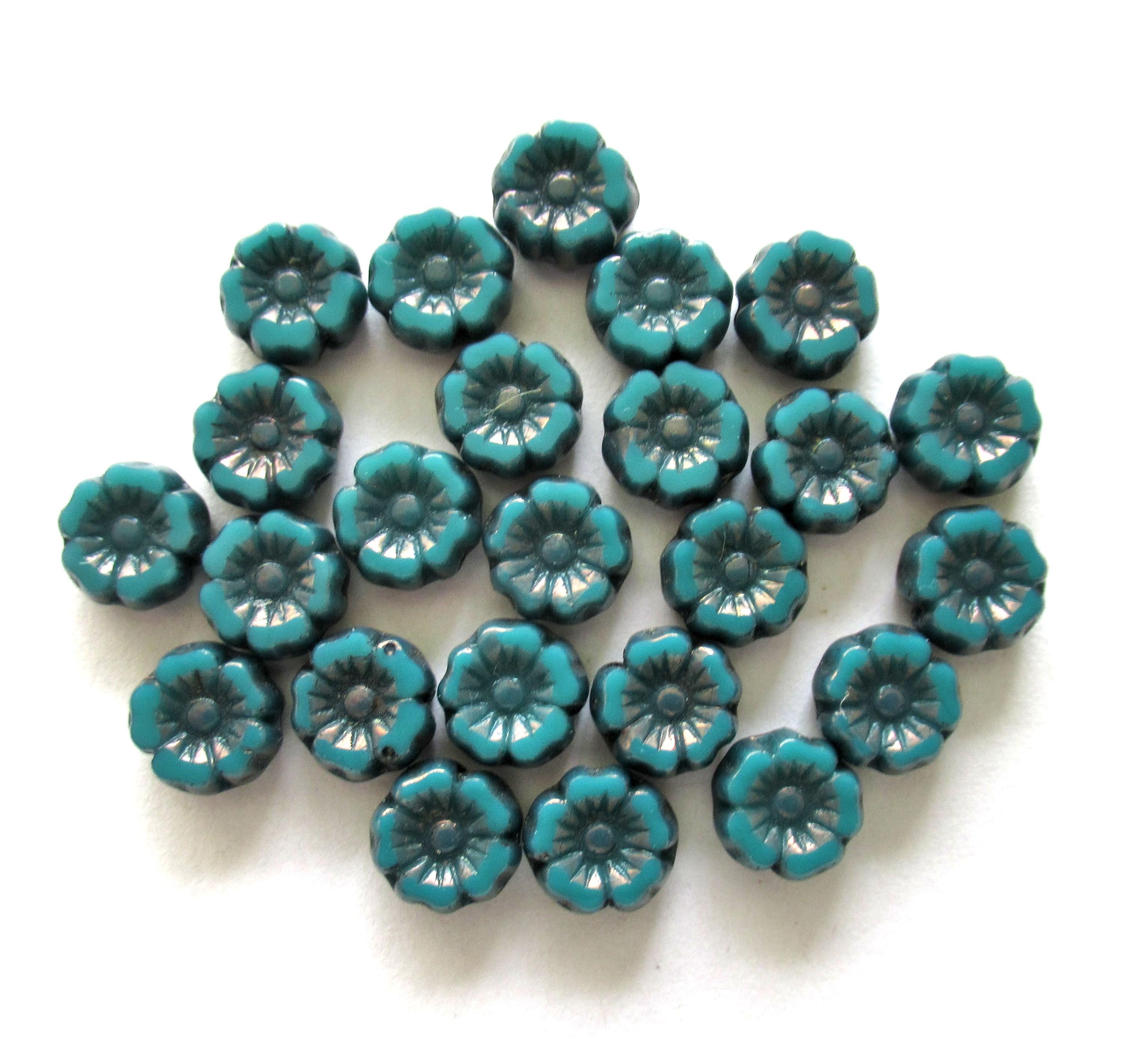 12 small 7mm Czech glass flower beads - teal or Persian turquoise blue green Hawaiian flowers w/ bronze accents - table cut - beads C00071