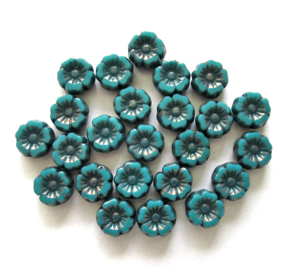12 small 7mm Czech glass flower beads - teal or Persian turquoise blue green Hawaiian flowers w/ bronze accents - table cut - beads C00071