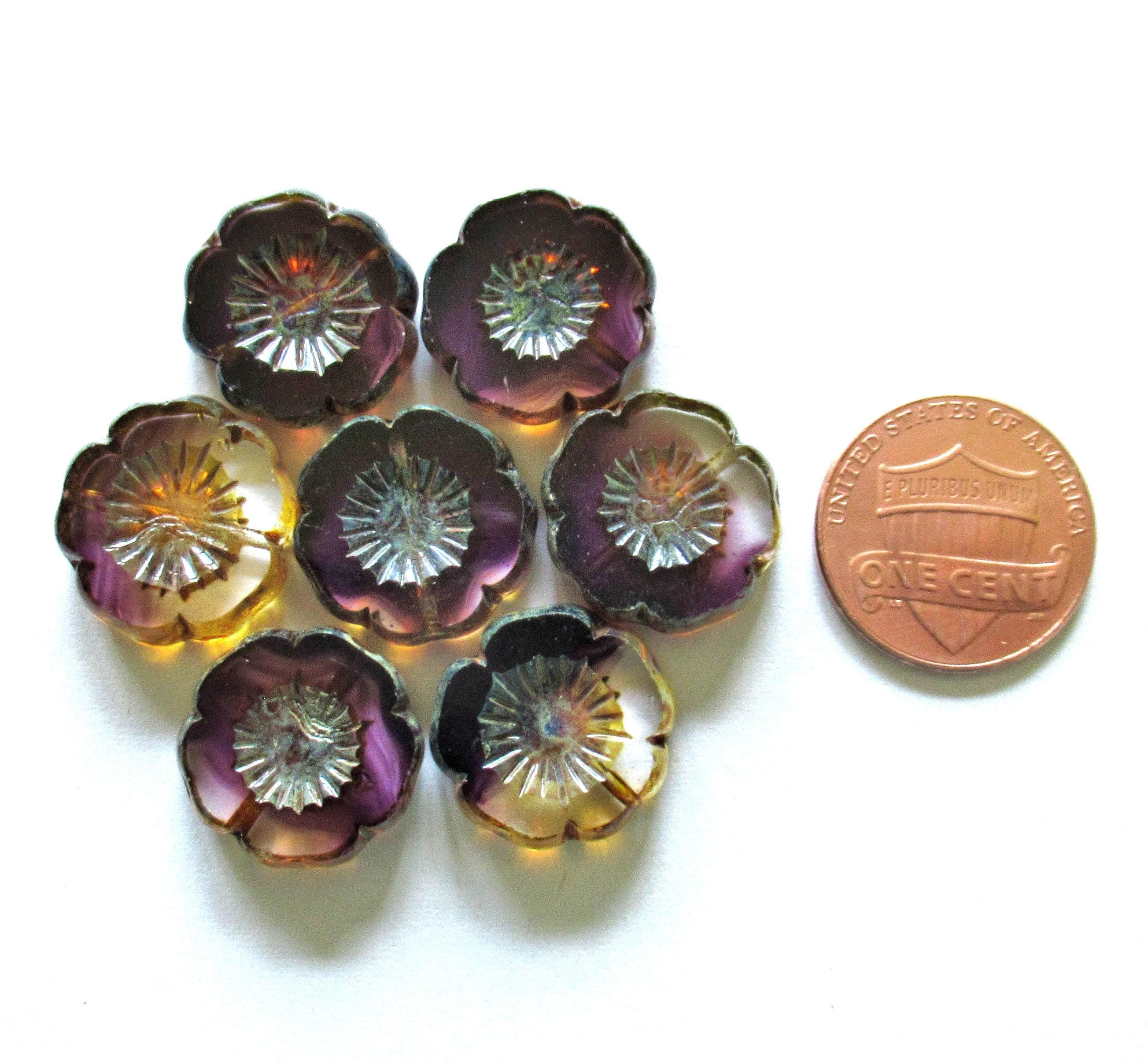 Five large Czech glass flower beads - 16mm - amethyst purple & clear - table cut carved - Hawaiian hibiscus flowers - C00622