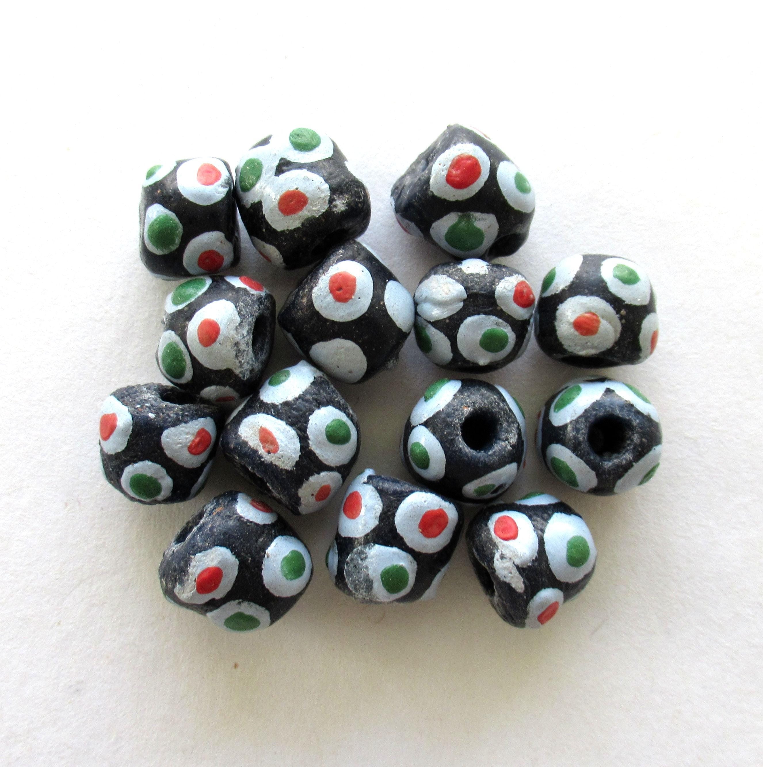 African Ghana Krobo round glass beads - black beads with dots - 9.5-11mm - big hole rustic beads - ten beads - C00401