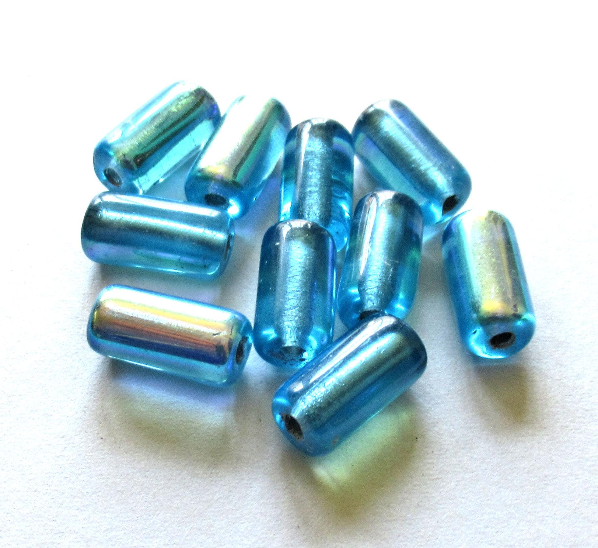 Ten Czech glass tube beads - aqua blue AB w/ big 2mm holes - 7 x 14mm - C00522