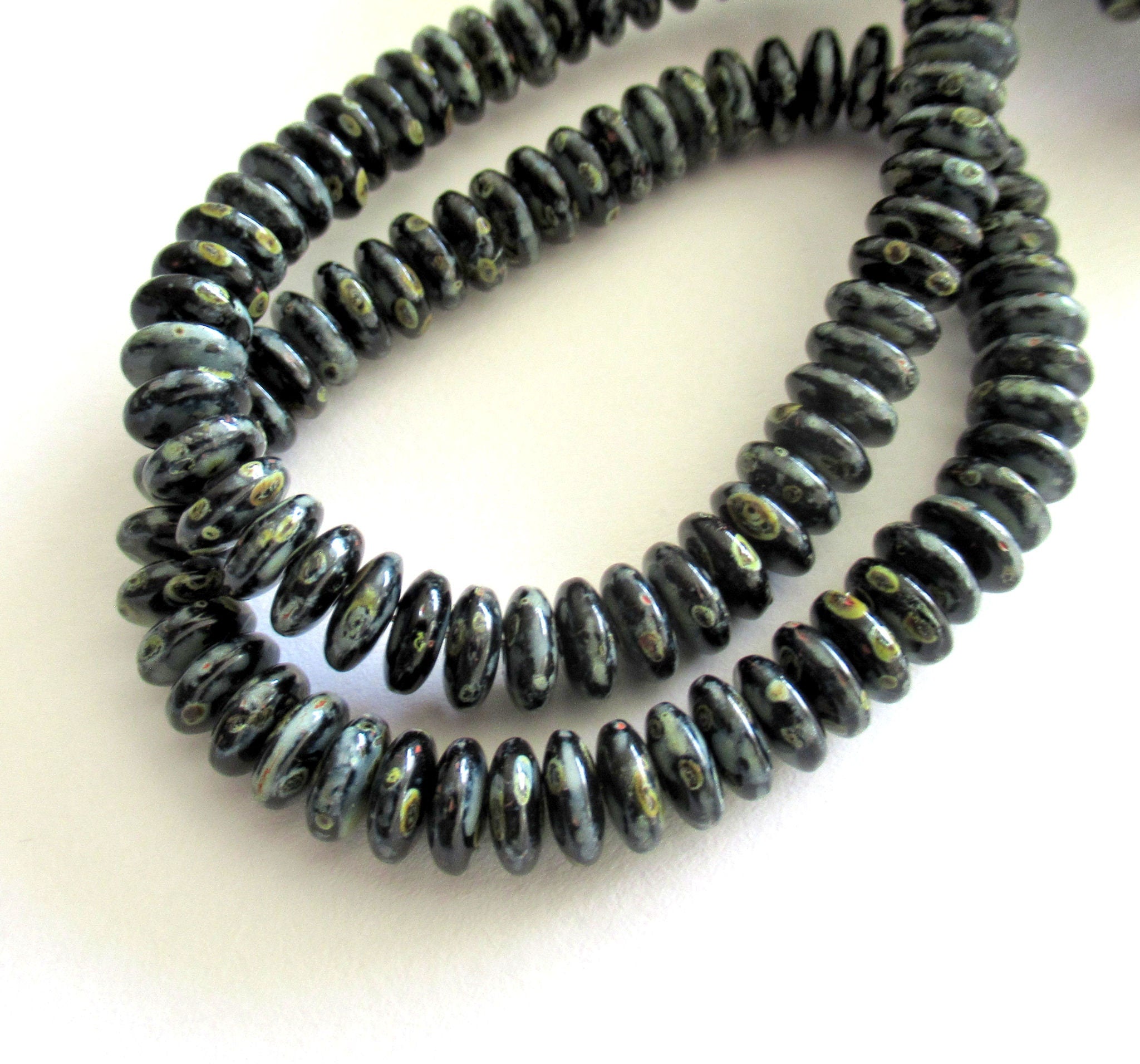 Lot of 50 6mm Czech glass rondelle beads - jet black picasso flat spacers or rondelles - C0058