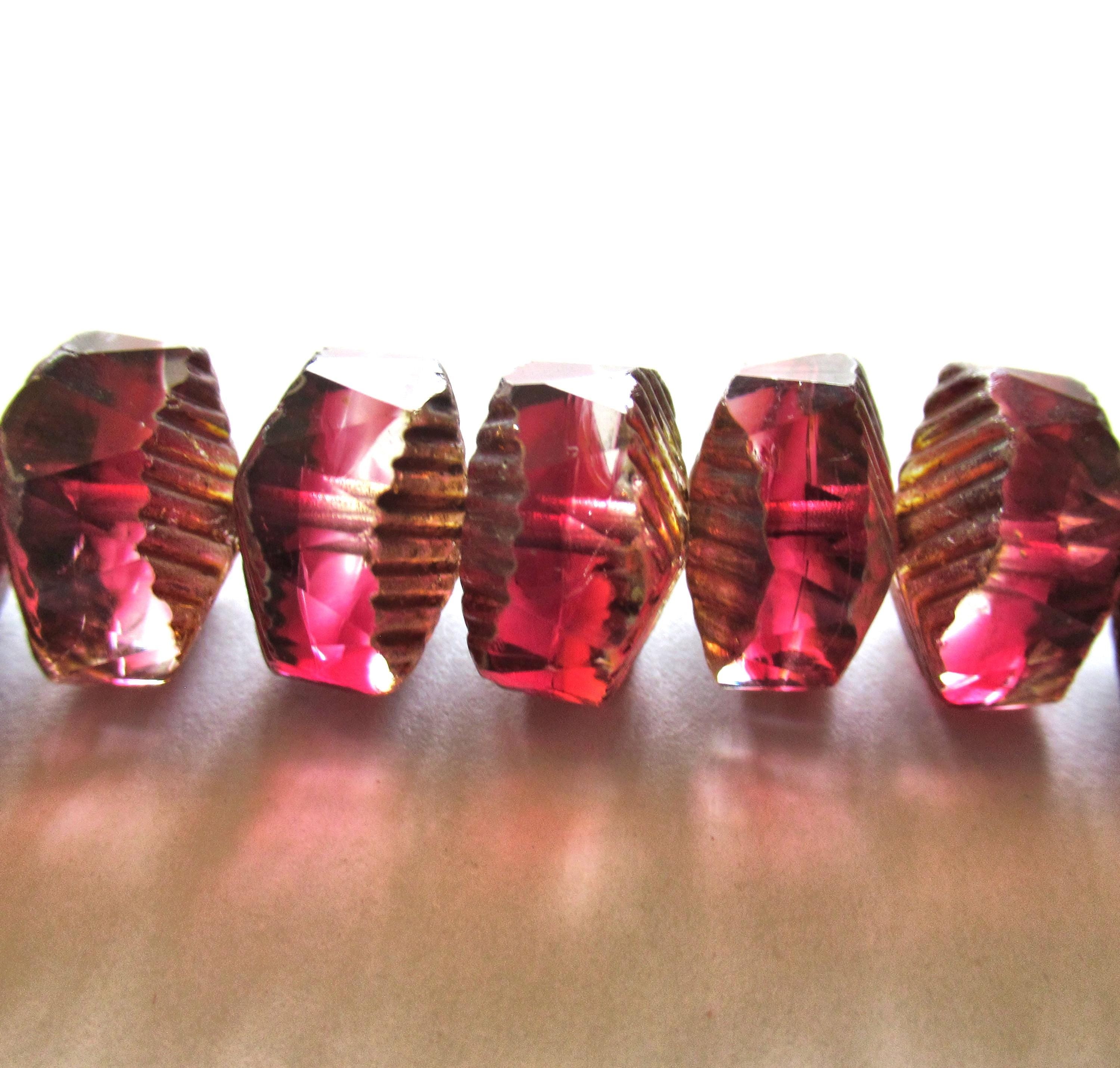 6 Czech glass faceted wavy rondelle beads - large 14 x 6mm deep raspberry pink & crystal chunky statement or focal beads - C00991
