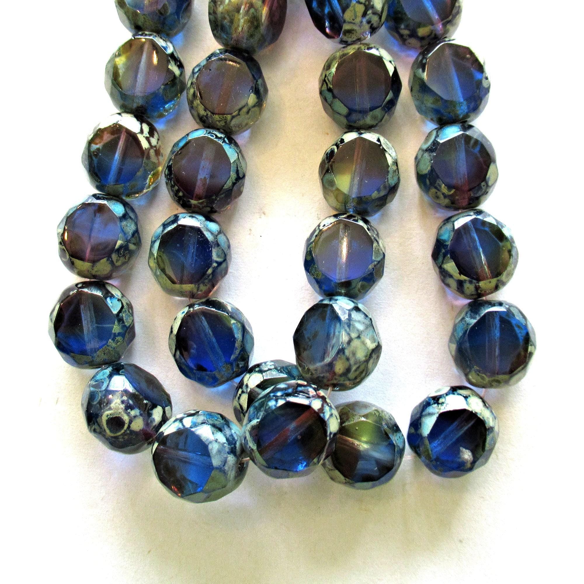 Six 12mm dual faceted table cut Czech glass beads - two tone blue w/ picasso accents - 2 cut window beads - chunky statement beads = 00081