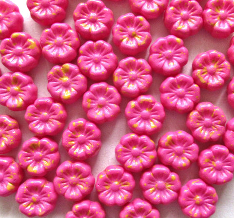 15 Czech glass flower beads - 8mm - opaque matte pink with orange accents - Hawaiian hibiscus flower beads - C00501