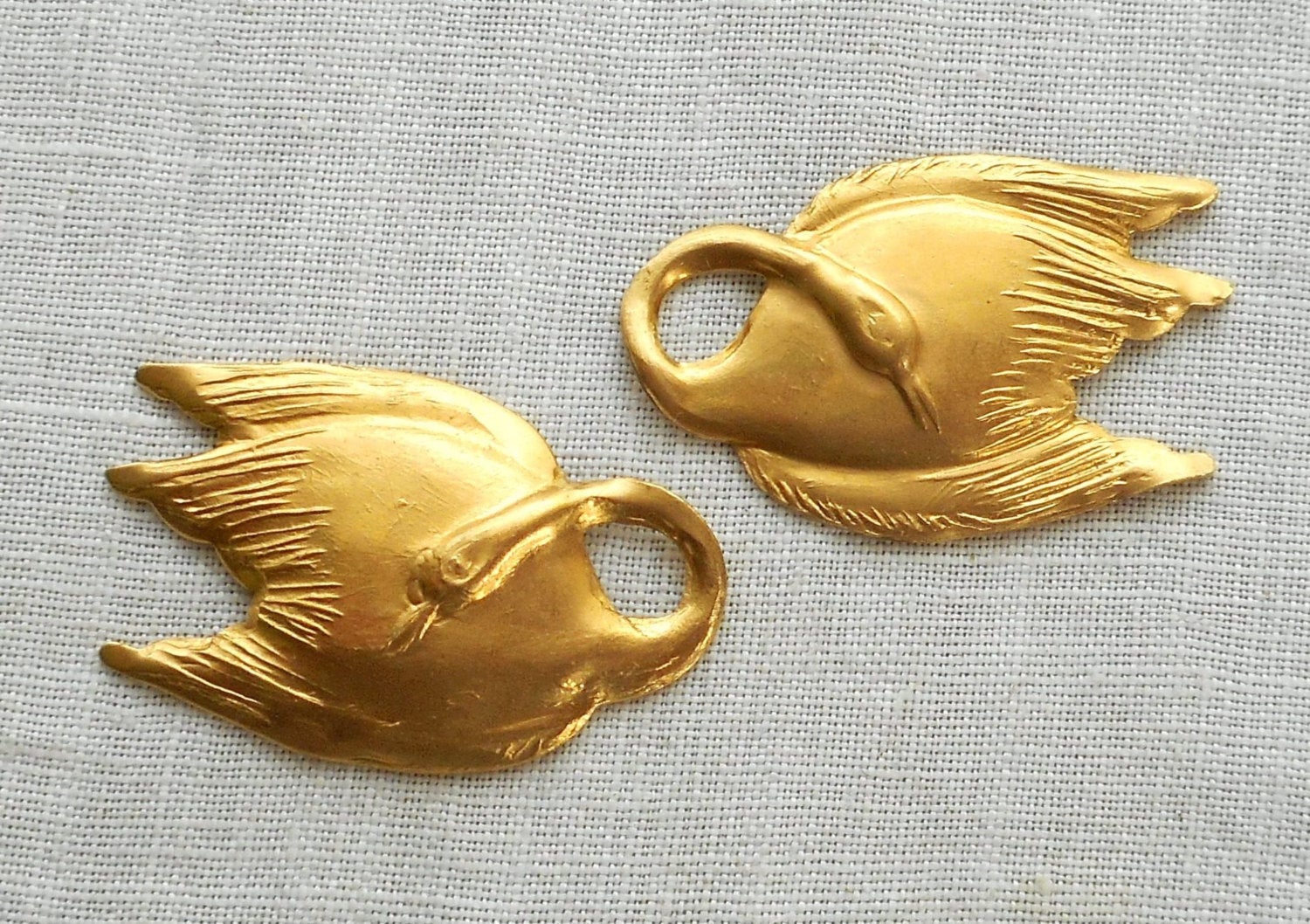 Two raw brass swan, swans, pendants, charms, brass stampings, 1" in by .625" in. made in the USA6301 - Glorious Glass Beads