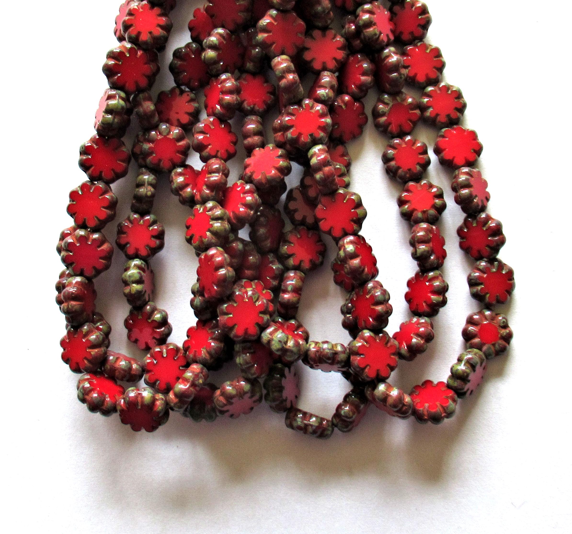 15 Czech glass cactus flower beads - opaque red picasso beads - 9mm - table cut - C00612