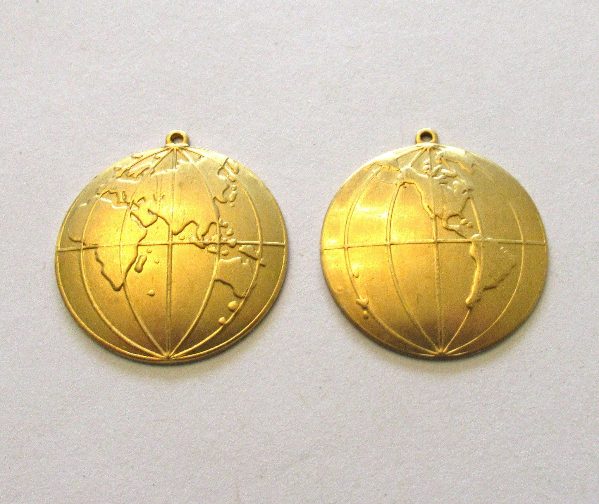 2 Raw Brass Stampings - globe or map dangles - charms - drops - earrings - 1 inch in diameter - made in the USA C0008