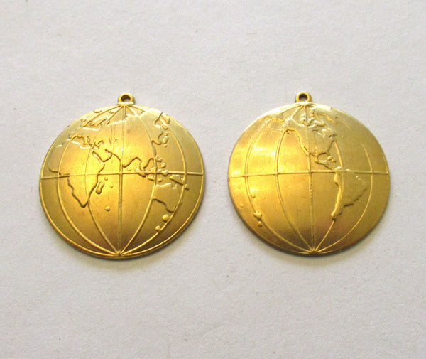 2 Raw Brass Stampings - globe or map dangles - charms - drops - earrings - 1 inch in diameter - made in the USA C0008