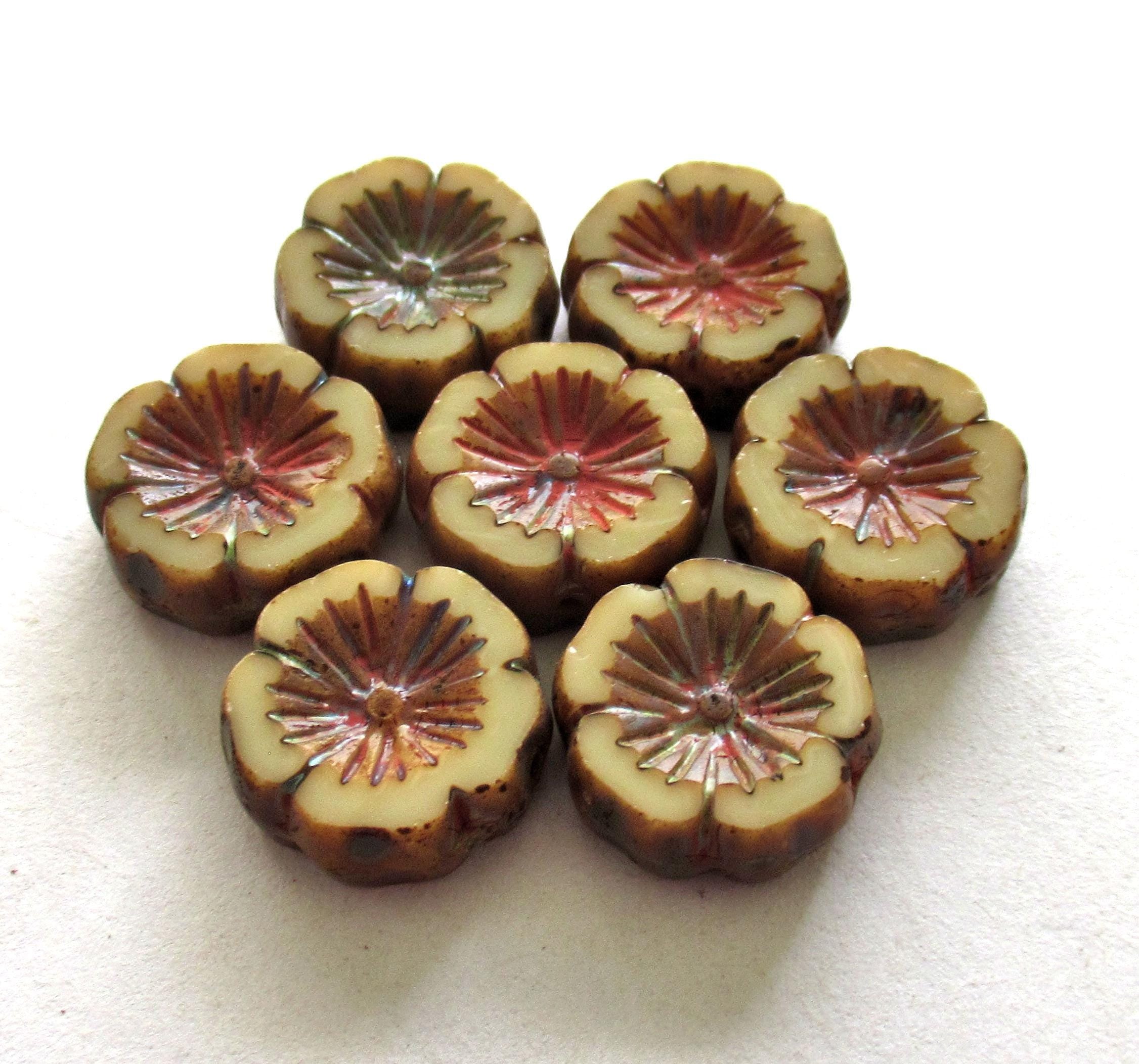 Six 14mm Czech glass flower beads - opaque ivory / beige / off white picasso - Hawaiian hibiscus earthy rustic table cut carved beads C00221