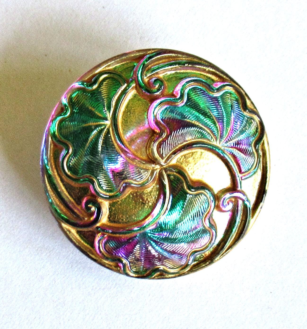 1 Czech glass button - 27mm - Art Nouveau leaf pattern - iridescent green & pink w/ a gold wash - decorative shank button - 00063