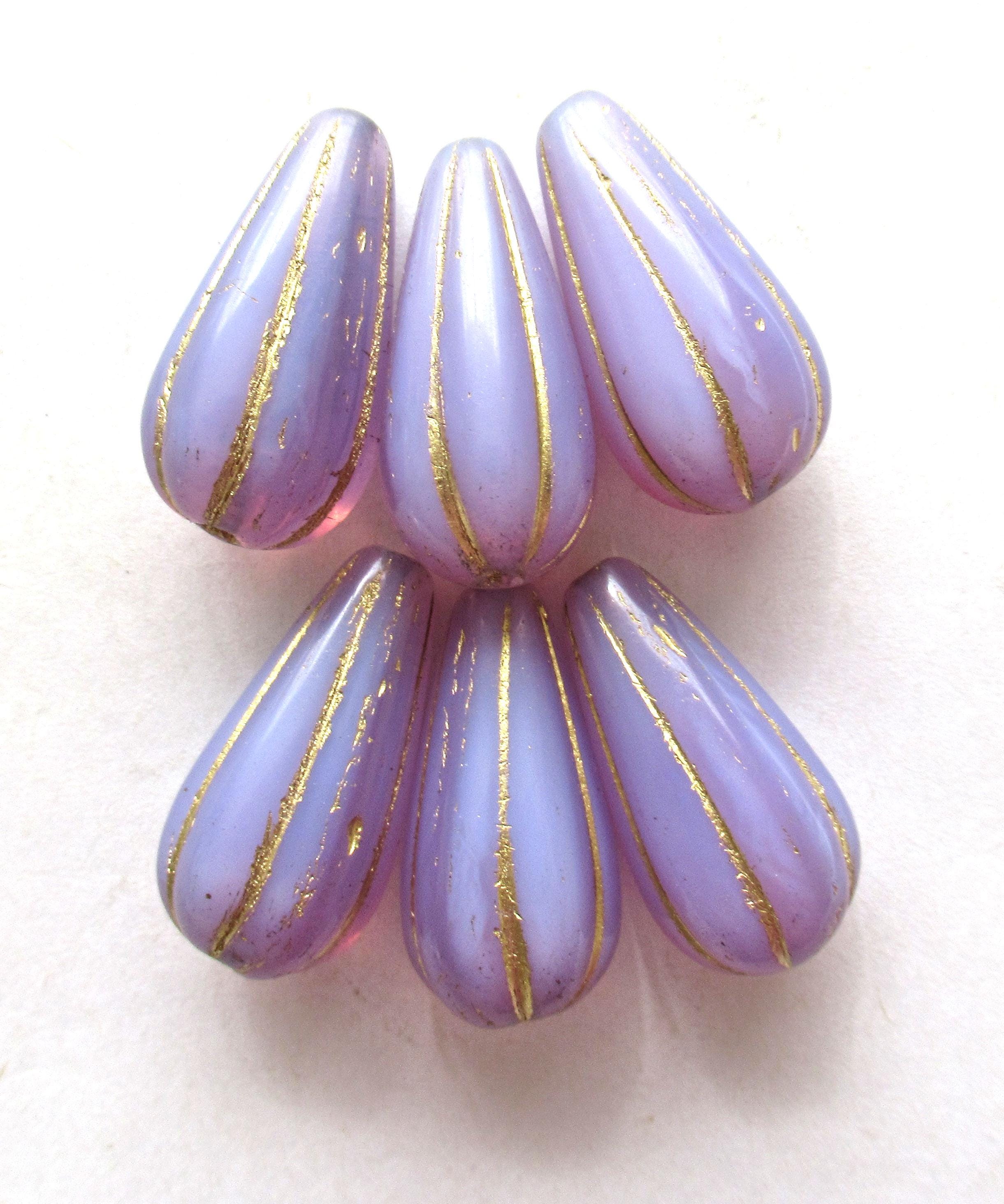 Six large Czech glass teardrop melon beads - milky lavender purple lilac opal w/ gold accents - 22 x 11mm tear drops 00391