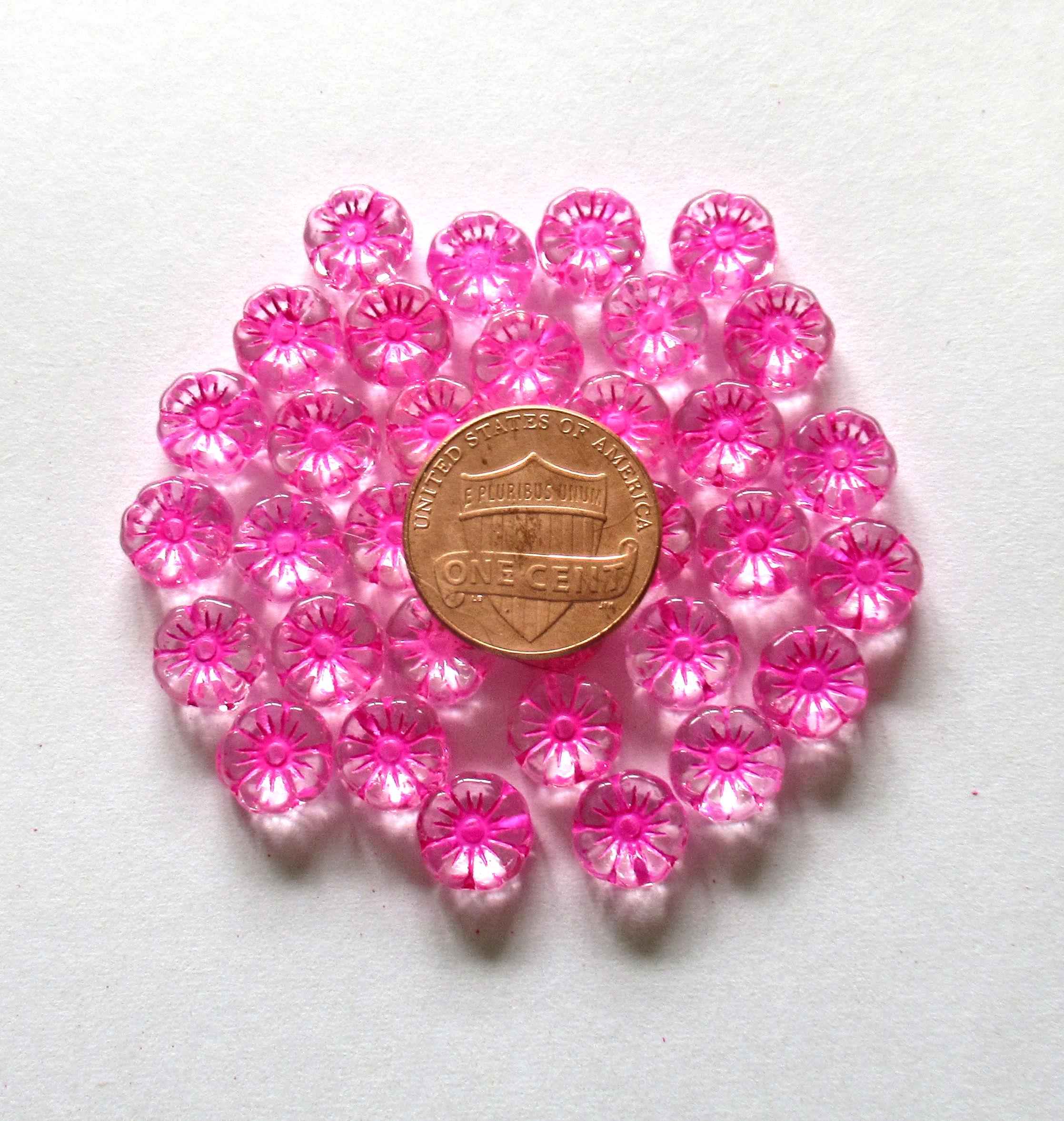 15 Czech glass flower beads - 8mm - crystal clear w/ a bright pink wash - Hawaiian hibiscus flowers - C00701