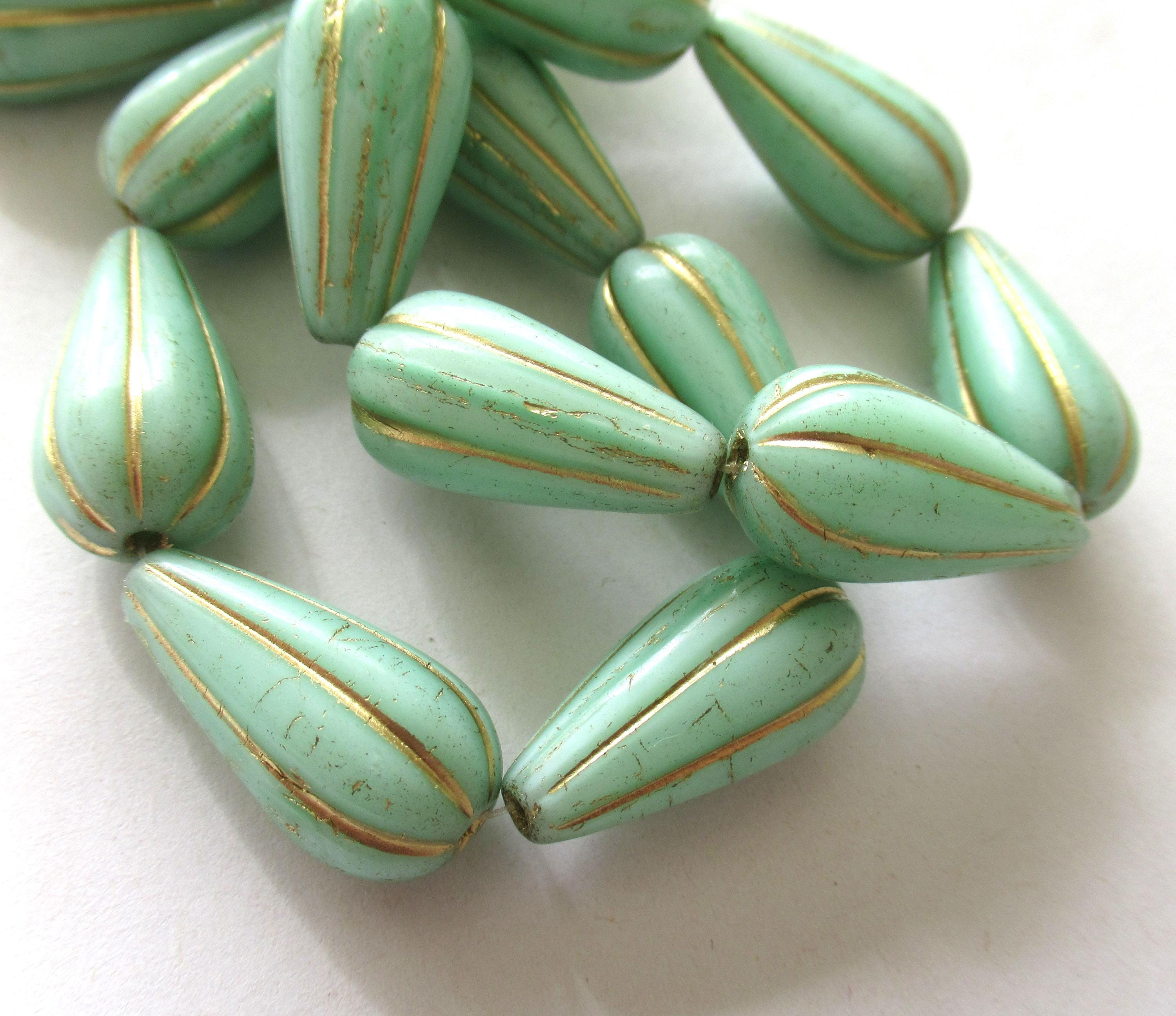 Six large Czech glass teardrop melon beads - mint green w/ gold accents - 22 x 11mm tear drop beads 00391