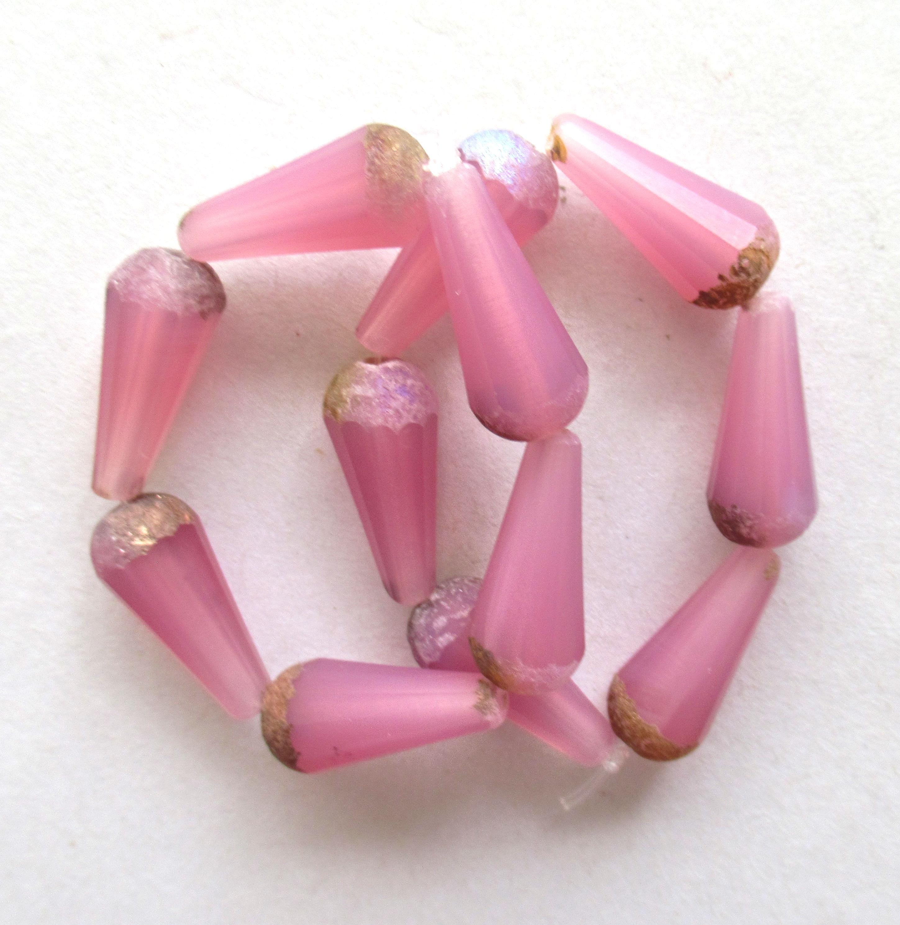 Six Czech glass faceted teardrop beads - Matte milky pink opal w/ etched picasso finish on the ends - 9 x 20mm long tear drops 00392