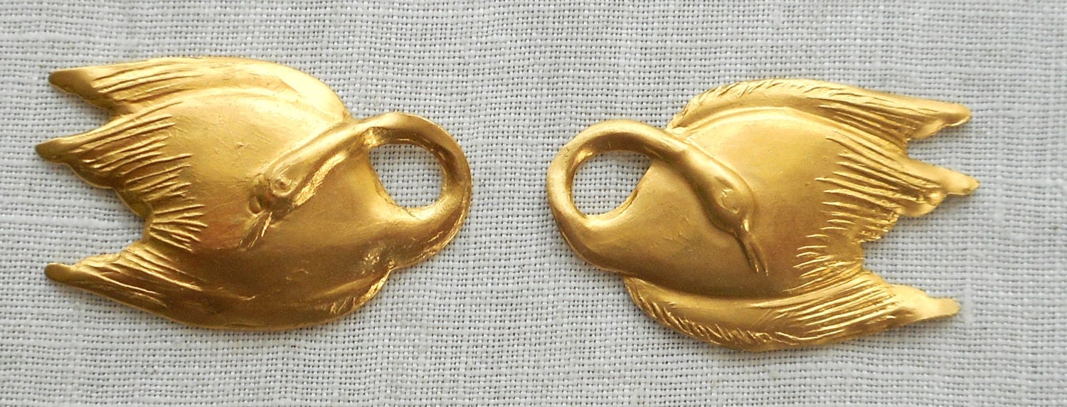 Two raw brass swan, swans, pendants, charms, brass stampings, 1" in by .625" in. made in the USA6301 - Glorious Glass Beads
