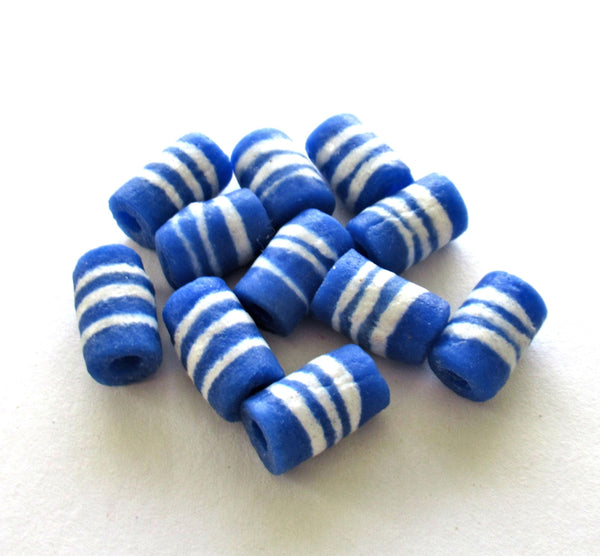 African Ghana Krobo glass tube beads - blue & white striped beads - 13 to 14mm X 8 to 9mm - big hole sandcast beads - six beads - C00021